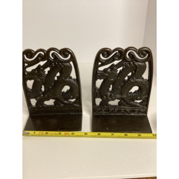 Vintage Heavy Cast Metal Open Work Dragon Bookends Japan Old Ornate - Picture 1 of 7